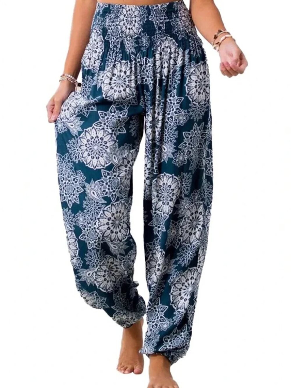 NEW! Lotus and Luna Corfu Blue Print Harem Pants Handmade Thailand L/XL BOHO